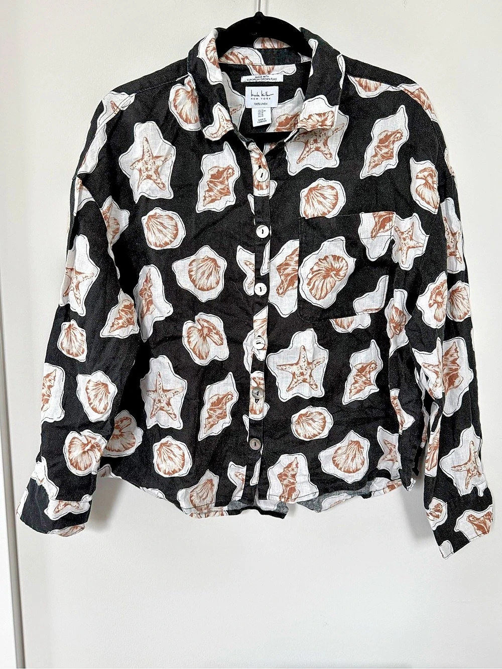 Nicole Miller 100% Linen Seashell Starfish Button-Down Shirt M